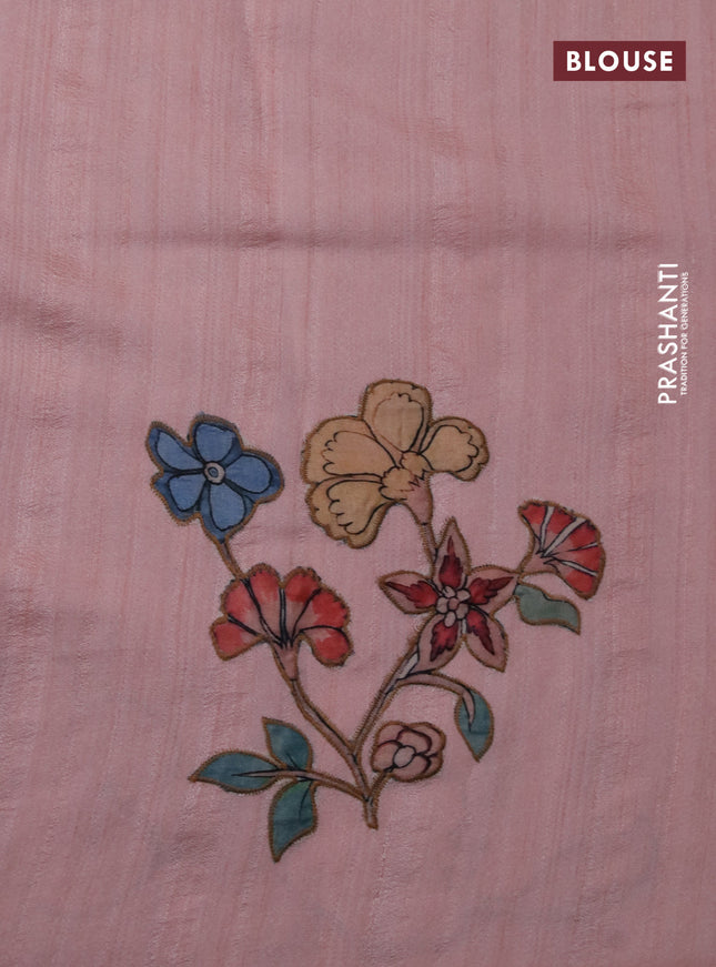 Semi tussar saree peach shade with allover kalamkari applique work in borderless style