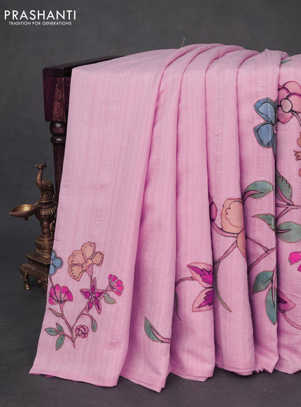 Semi tussar saree light pink with allover kalamkari applique work in borderless style