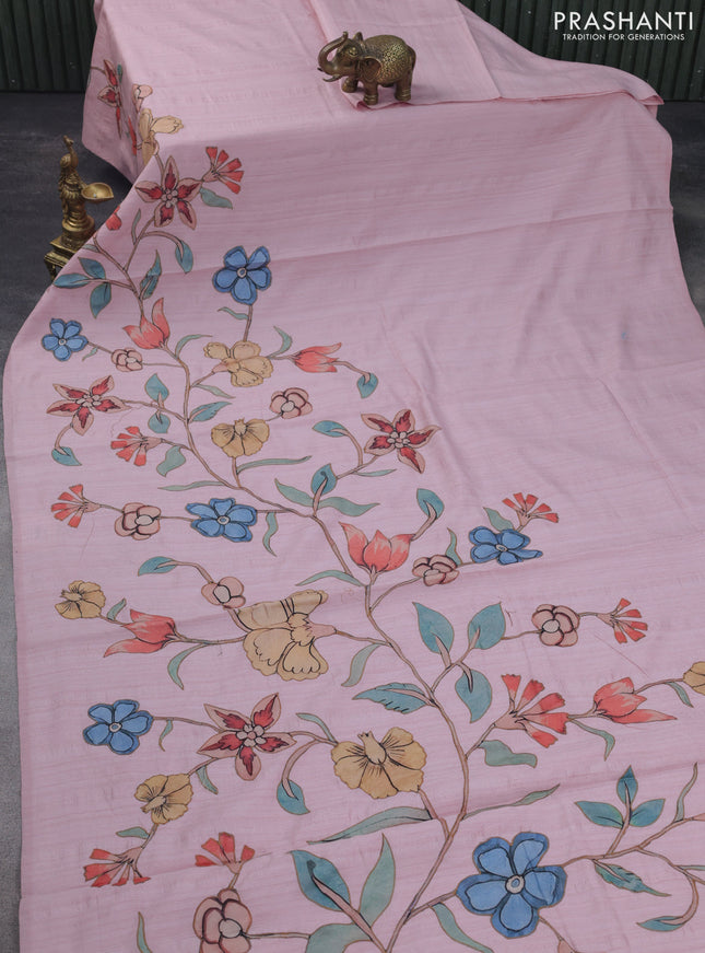 Semi tussar saree light pink with allover kalamkari applique work in borderless style