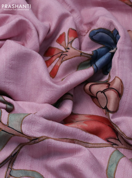 Semi tussar saree light pink with allover kalamkari applique work in borderless style