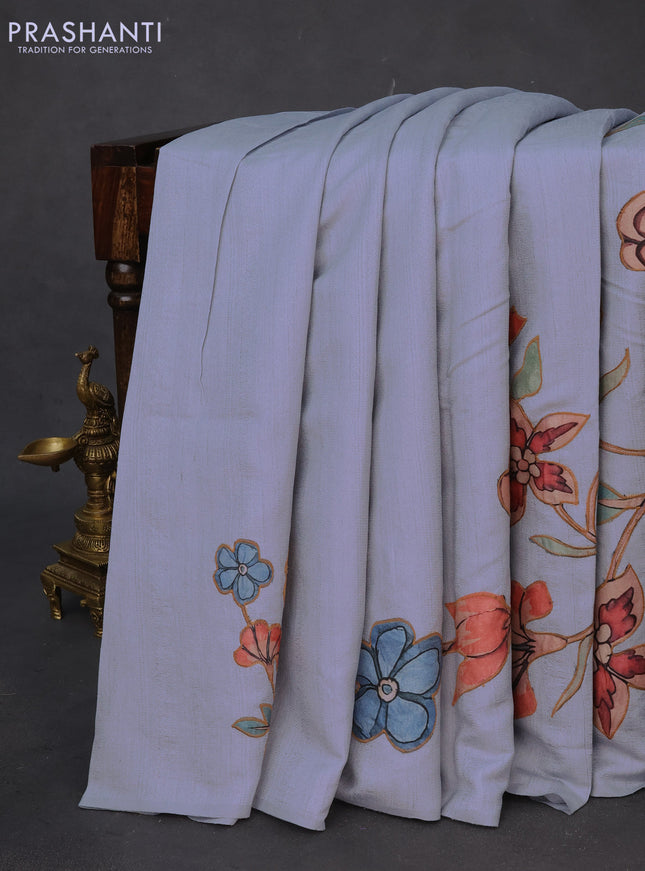 Semi tussar saree pastel blue with allover kalamkari applique work in borderless style