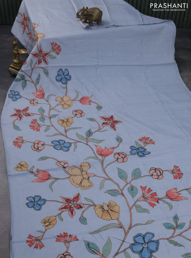 Semi tussar saree pastel blue with allover kalamkari applique work in borderless style