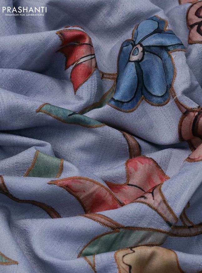 Semi tussar saree pastel blue with allover kalamkari applique work in borderless style