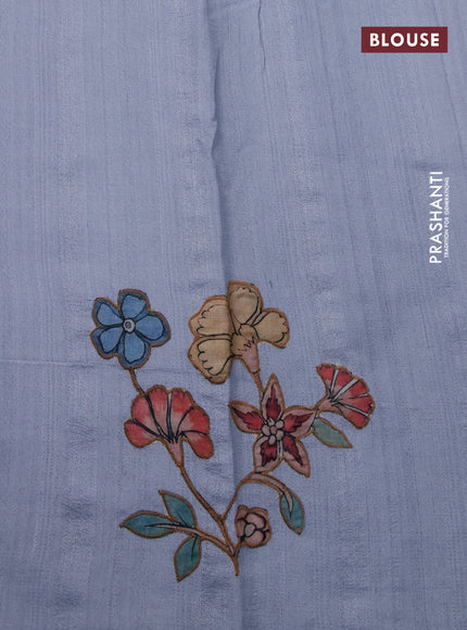 Semi tussar saree pastel blue with allover kalamkari applique work in borderless style