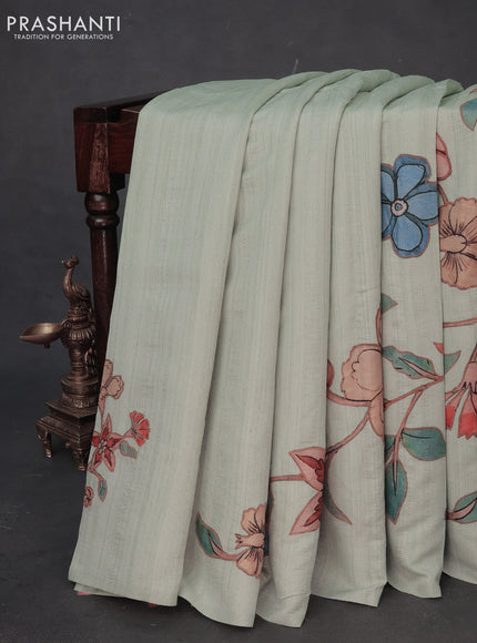 Semi tussar saree pastel green with allover kalamkari applique work in borderless style