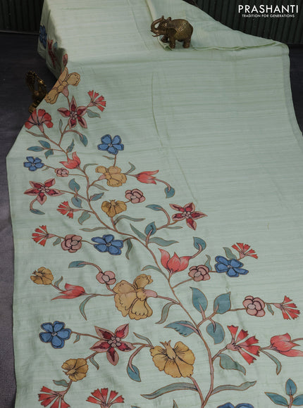 Semi tussar saree pastel green with allover kalamkari applique work in borderless style