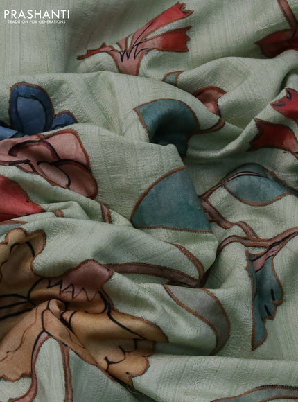 Semi tussar saree pastel green with allover kalamkari applique work in borderless style
