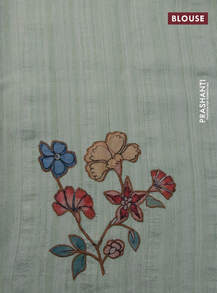Semi tussar saree pastel green with allover kalamkari applique work in borderless style
