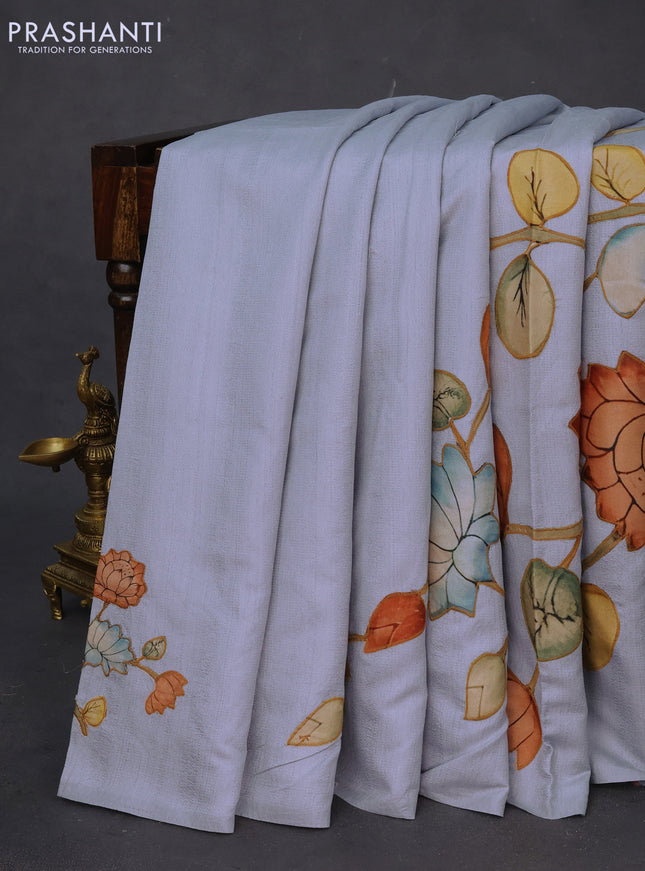 Semi tussar saree pastel blue with allover kalamkari applique work in borderless style