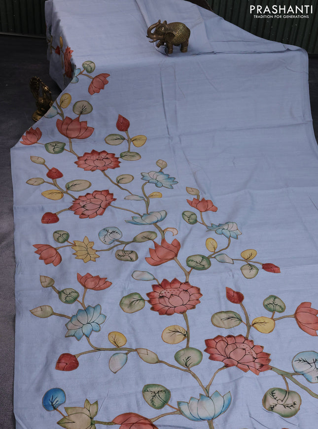 Semi tussar saree pastel blue with allover kalamkari applique work in borderless style