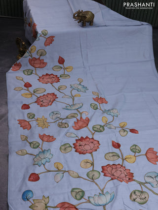 Semi tussar saree pastel blue with allover kalamkari applique work in borderless style