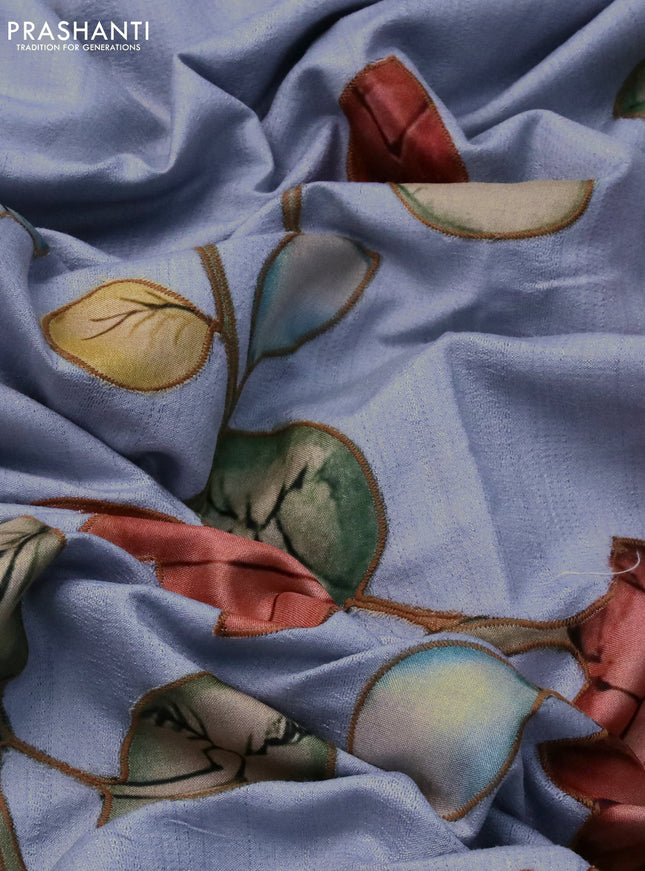 Semi tussar saree pastel blue with allover kalamkari applique work in borderless style