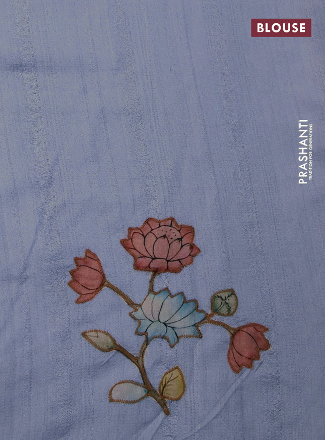 Semi tussar saree pastel blue with allover kalamkari applique work in borderless style