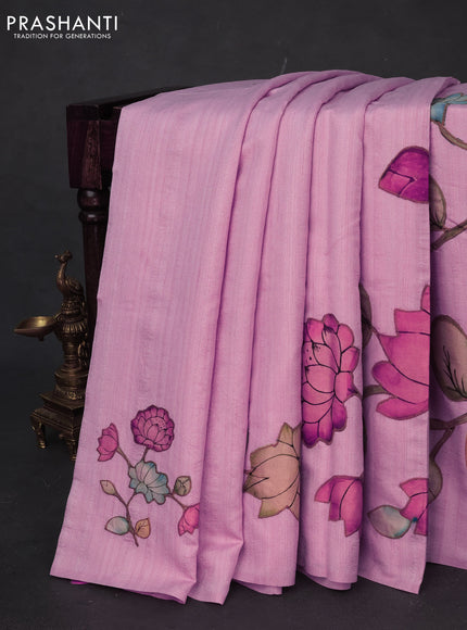 Semi tussar saree pastel pink with allover kalamkari applique work in borderless style