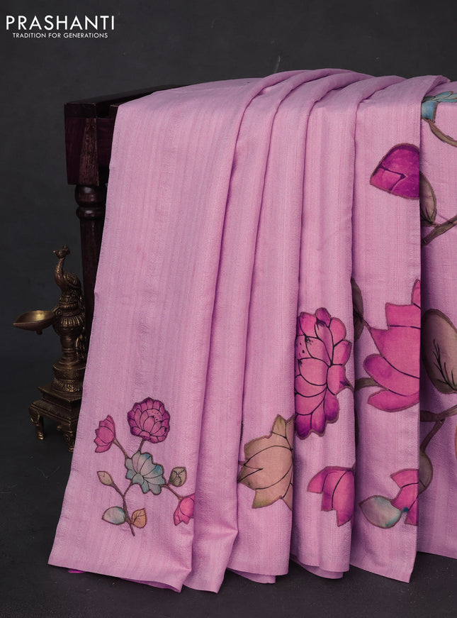 Semi tussar saree pastel pink with allover kalamkari applique work in borderless style