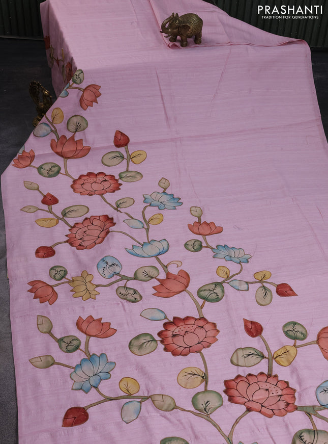 Semi tussar saree pastel pink with allover kalamkari applique work in borderless style