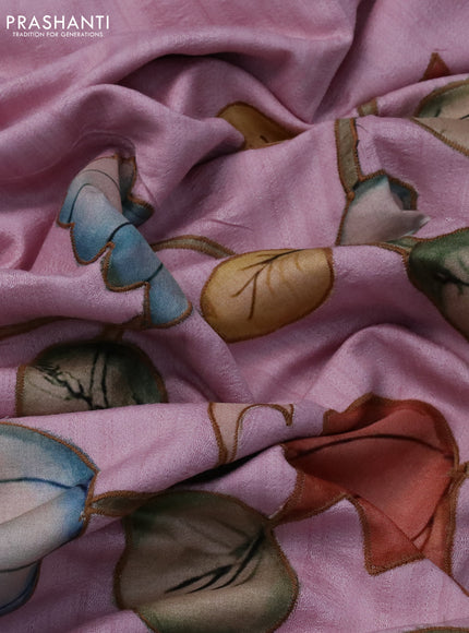 Semi tussar saree pastel pink with allover kalamkari applique work in borderless style