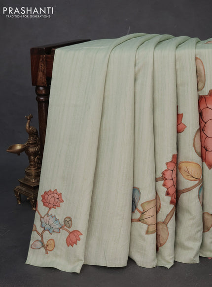 Semi tussar saree pastel green with allover kalamkari applique work in borderless style