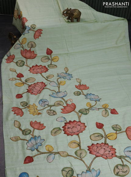 Semi tussar saree pastel green with allover kalamkari applique work in borderless style