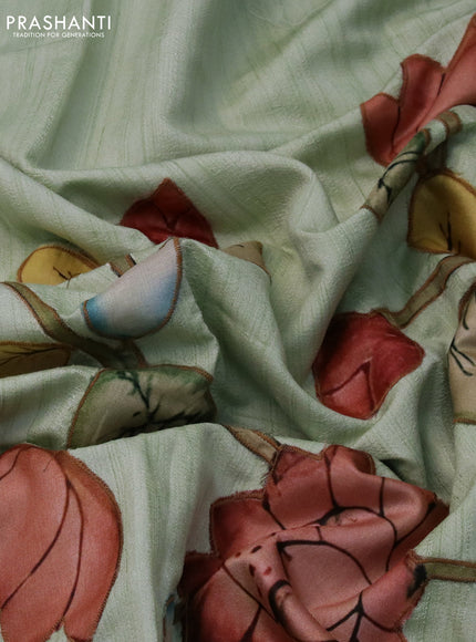 Semi tussar saree pastel green with allover kalamkari applique work in borderless style