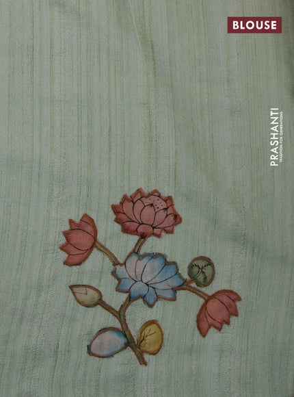 Semi tussar saree pastel green with allover kalamkari applique work in borderless style