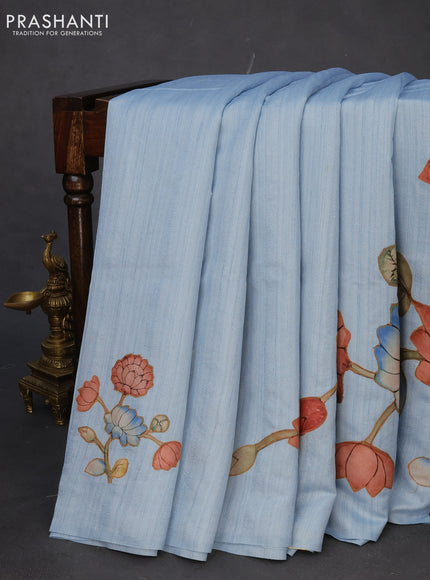 Semi tussar saree light blue with allover kalamkari applique work in borderless style