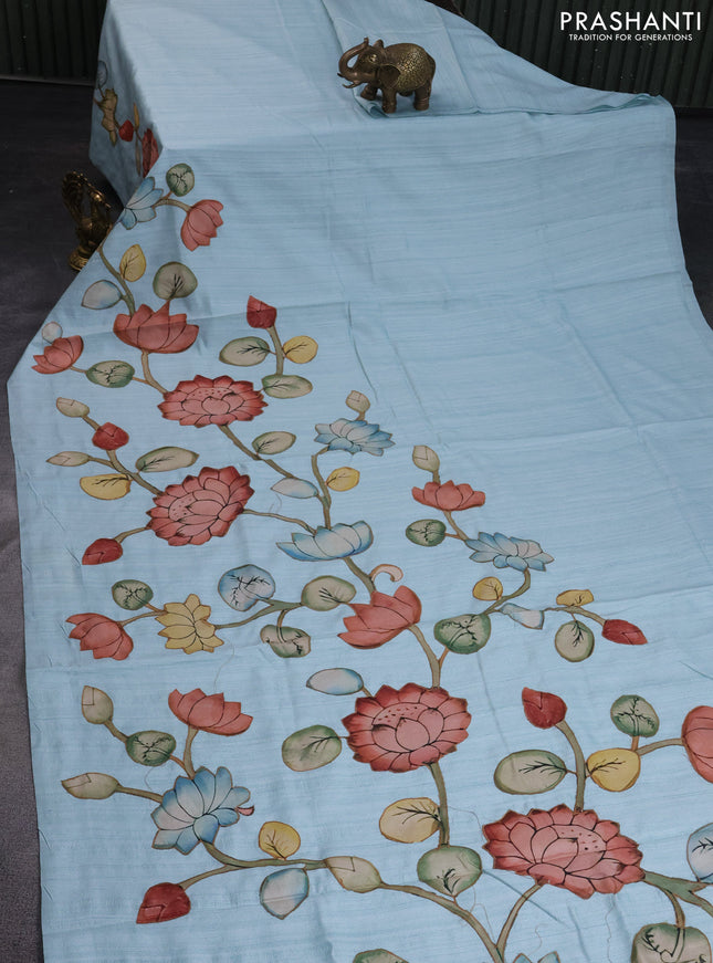 Semi tussar saree light blue with allover kalamkari applique work in borderless style