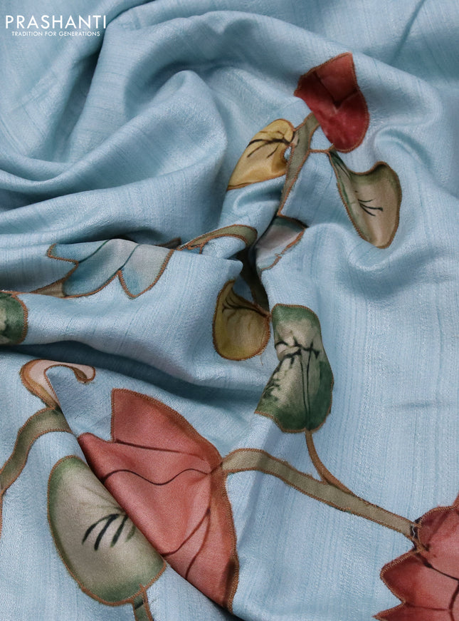 Semi tussar saree light blue with allover kalamkari applique work in borderless style