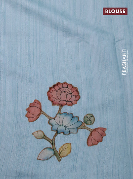 Semi tussar saree light blue with allover kalamkari applique work in borderless style