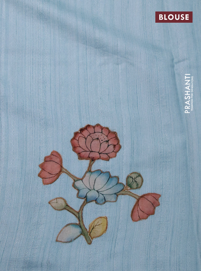 Semi tussar saree light blue with allover kalamkari applique work in borderless style