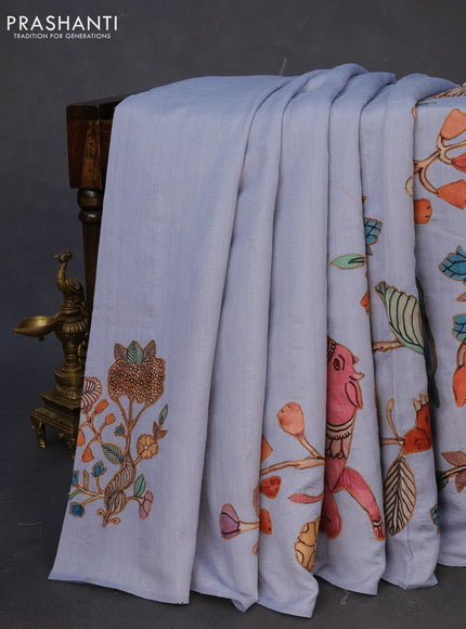 Semi tussar saree pastel blue with allover kalamkari applique work in borderless style