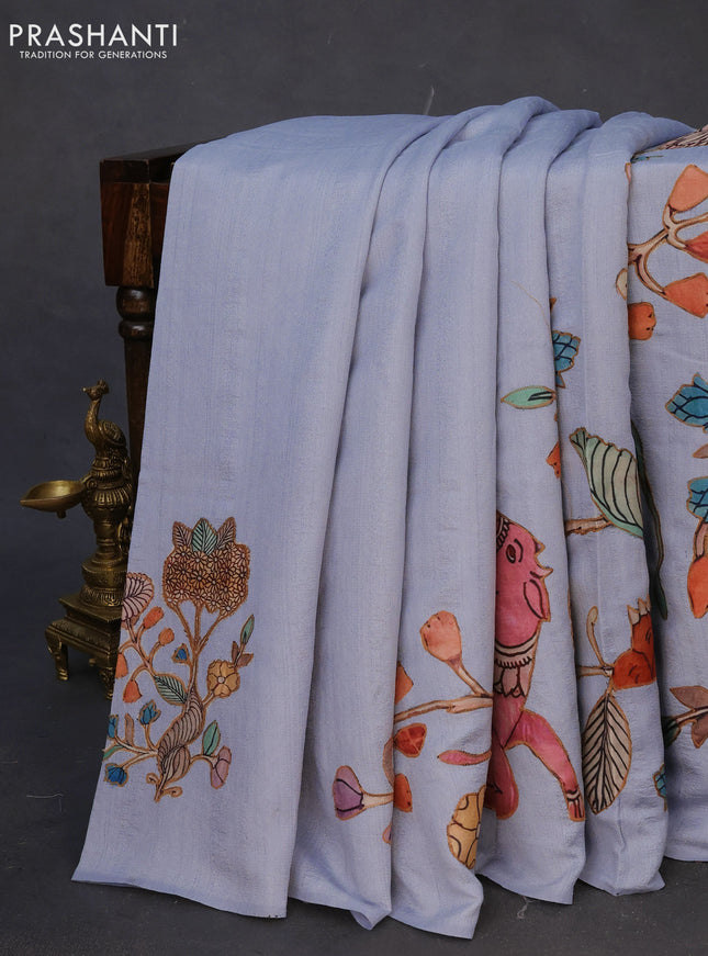 Semi tussar saree pastel blue with allover kalamkari applique work in borderless style
