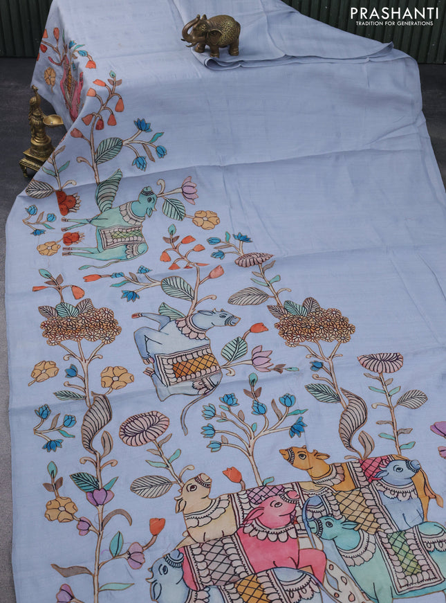 Semi tussar saree pastel blue with allover kalamkari applique work in borderless style