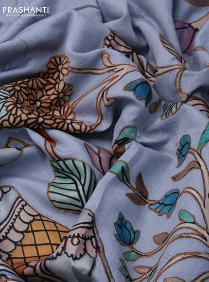 Semi tussar saree pastel blue with allover kalamkari applique work in borderless style