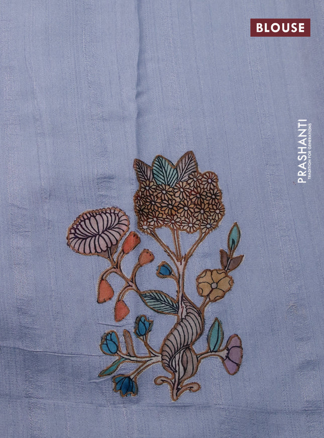 Semi tussar saree pastel blue with allover kalamkari applique work in borderless style