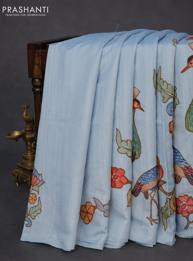 Semi tussar saree light blue with allover kalamkari applique work in borderless style