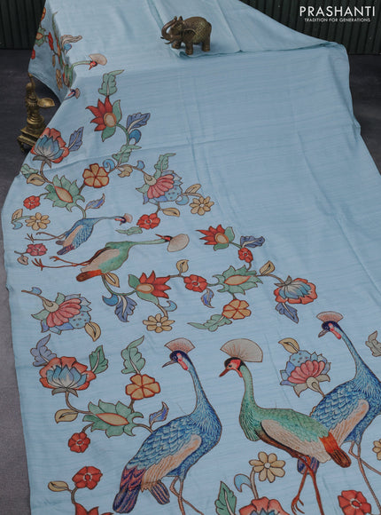 Semi tussar saree light blue with allover kalamkari applique work in borderless style