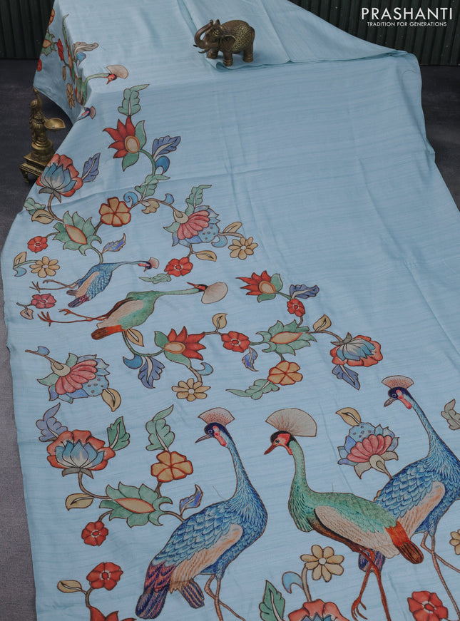 Semi tussar saree light blue with allover kalamkari applique work in borderless style