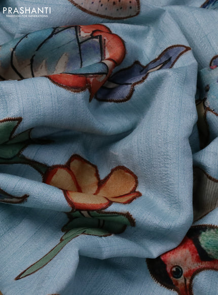 Semi tussar saree light blue with allover kalamkari applique work in borderless style