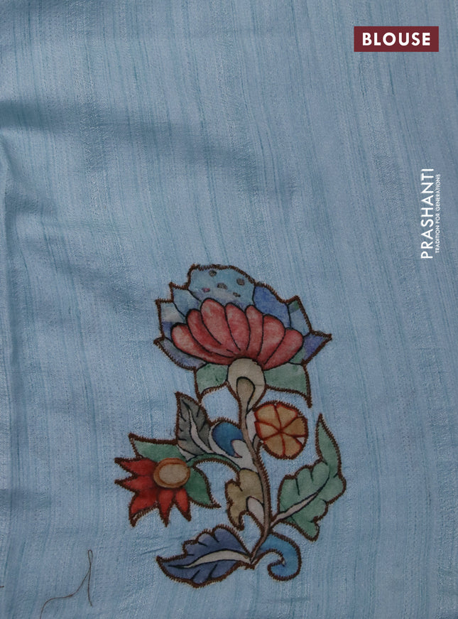 Semi tussar saree light blue with allover kalamkari applique work in borderless style