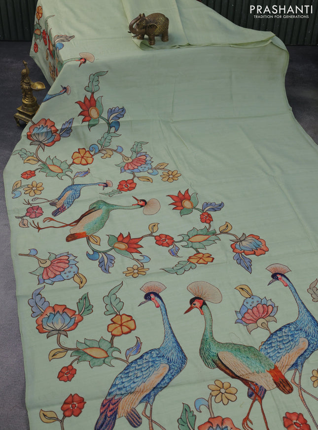 Semi tussar saree pastel green with allover kalamkari applique work in borderless style