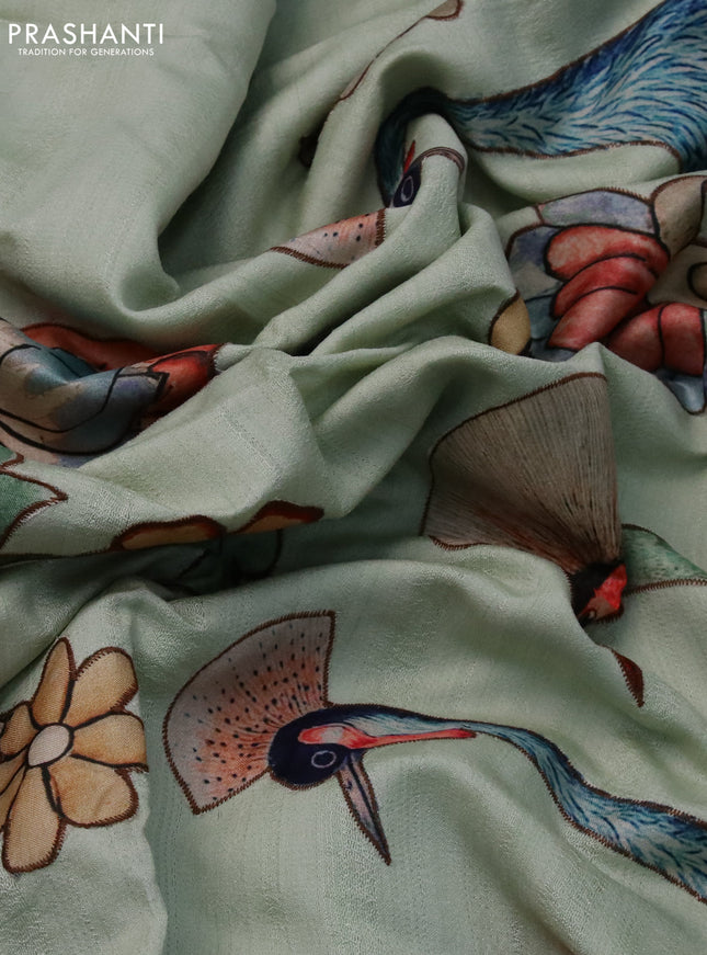 Semi tussar saree pastel green with allover kalamkari applique work in borderless style