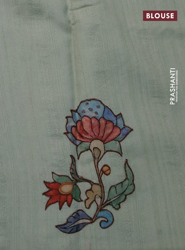 Semi tussar saree pastel green with allover kalamkari applique work in borderless style