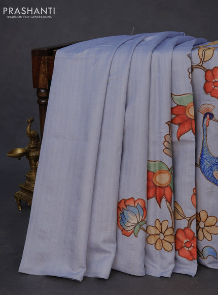 Semi tussar saree pastel shade with allover kalamkari applique work in borderless style