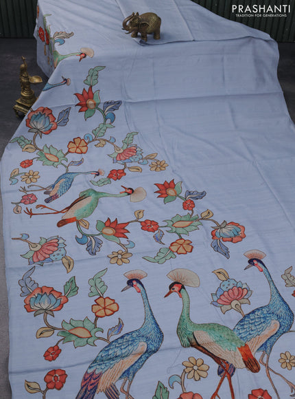 Semi tussar saree pastel shade with allover kalamkari applique work in borderless style