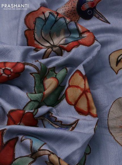 Semi tussar saree pastel shade with allover kalamkari applique work in borderless style