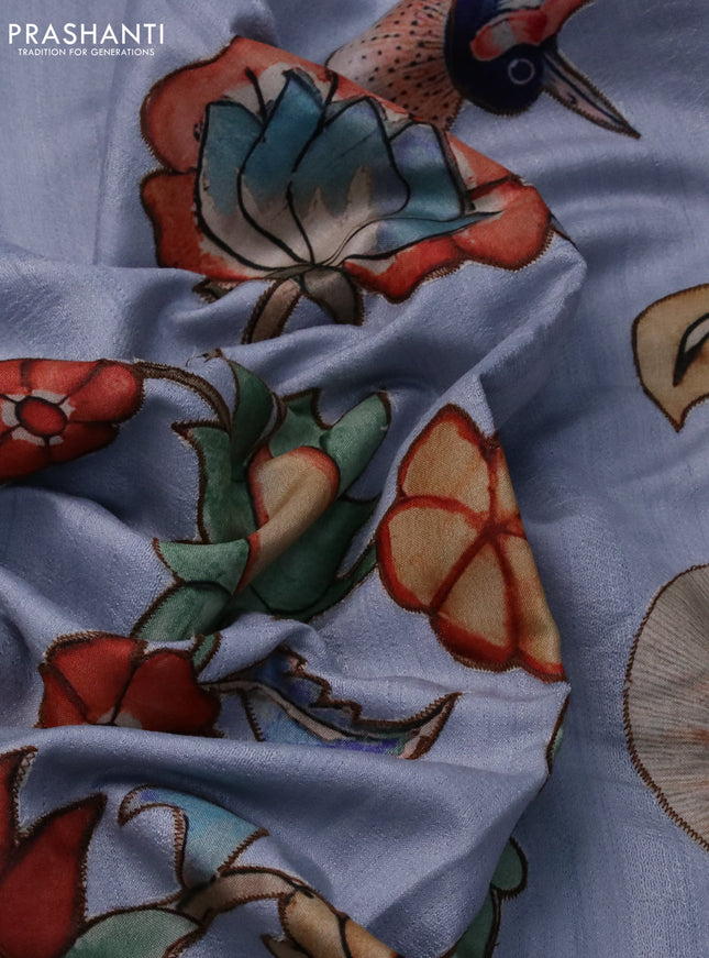 Semi tussar saree pastel shade with allover kalamkari applique work in borderless style