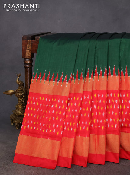 Pochampally silk saree dark green and red with plain body and temple design zari woven ikat style border