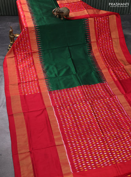 Pochampally silk saree dark green and red with plain body and temple design zari woven ikat style border