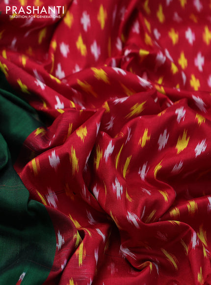 Pochampally silk saree dark green and red with plain body and temple design zari woven ikat style border
